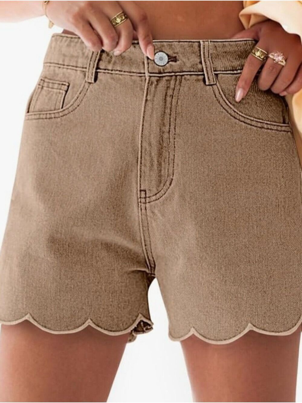 Aoysky Khaki Scalloped Hem Denim Shorts Size 4 NWT